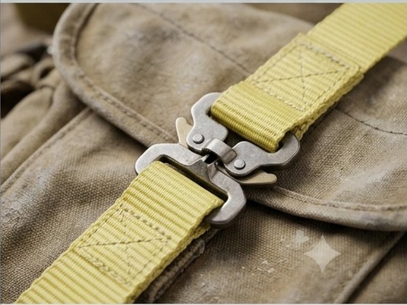 Polyester tape holding a metal side-release buckle on a bag